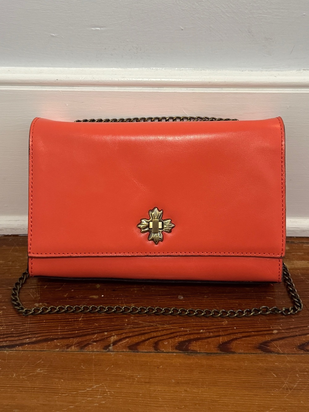 Patricia Nash Giada Orange Coral Leather Flap Shoulder Crossbody Bag Purse Chain